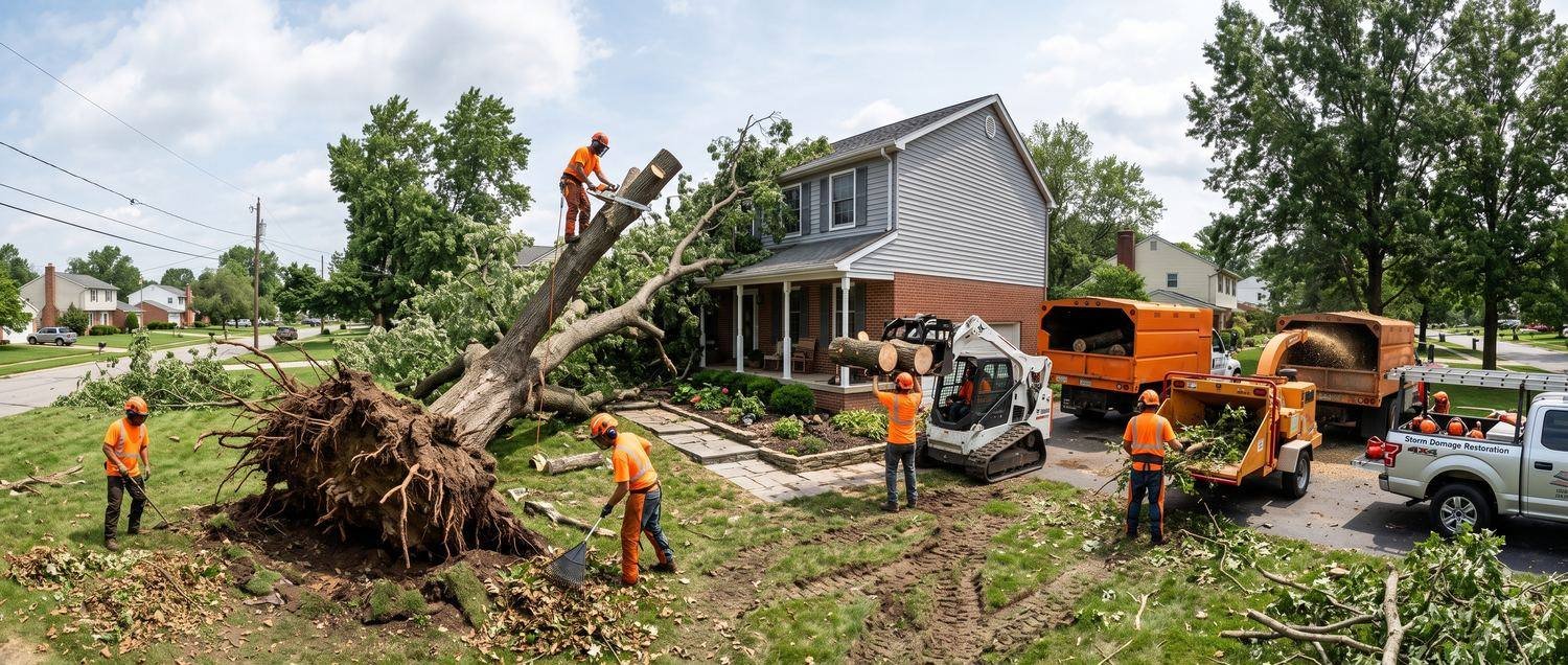 Large storm damaged tree fallen across a residential yard and fence after high winds
