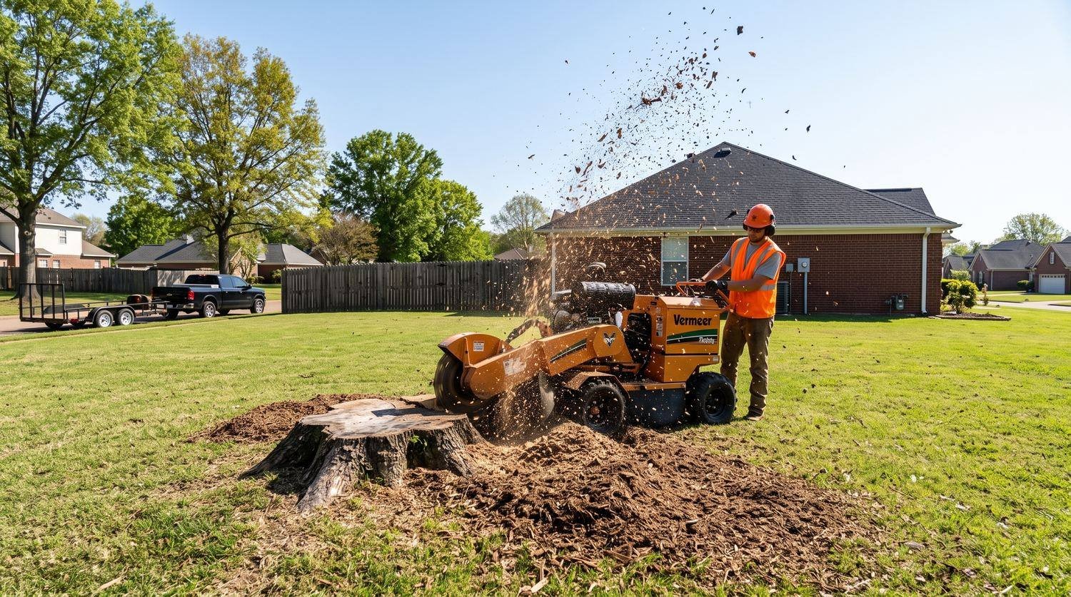 Stump grinder cutting a tree stump down below ground level in a residential yard