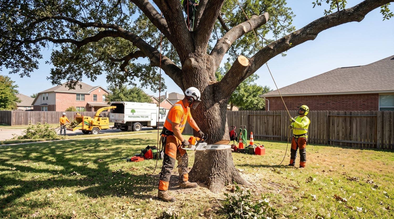 Tree crew using rigging ropes to take down a large tree beside a house in Abilene, Texas