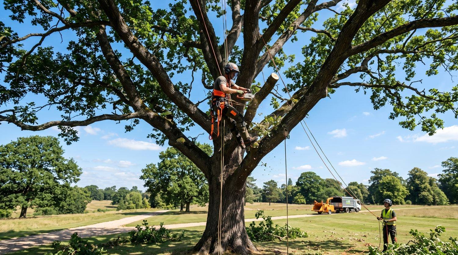 Arborist pruning the canopy of a shade tree back off a roofline